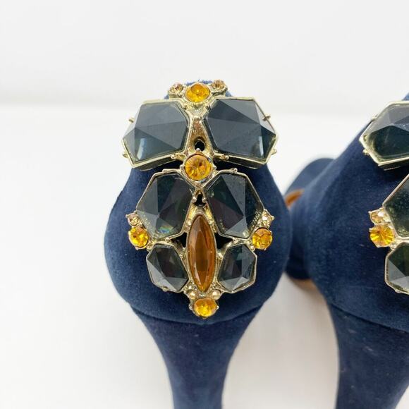 Anthro Miss Albright Navy Blue Suede Almond Toe Pumps Size 8.5 Rhinestone Accent - Picture 5 of 9